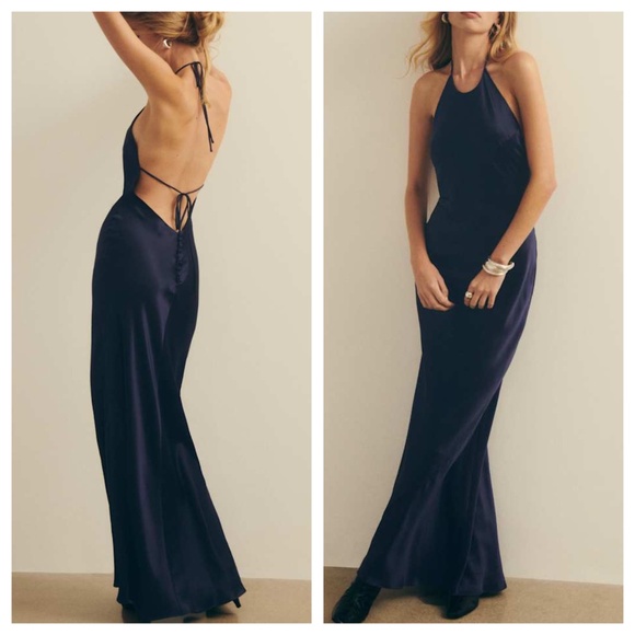 Reformation Jeany silk navy blue maxi halter dress - SMALL - with tags